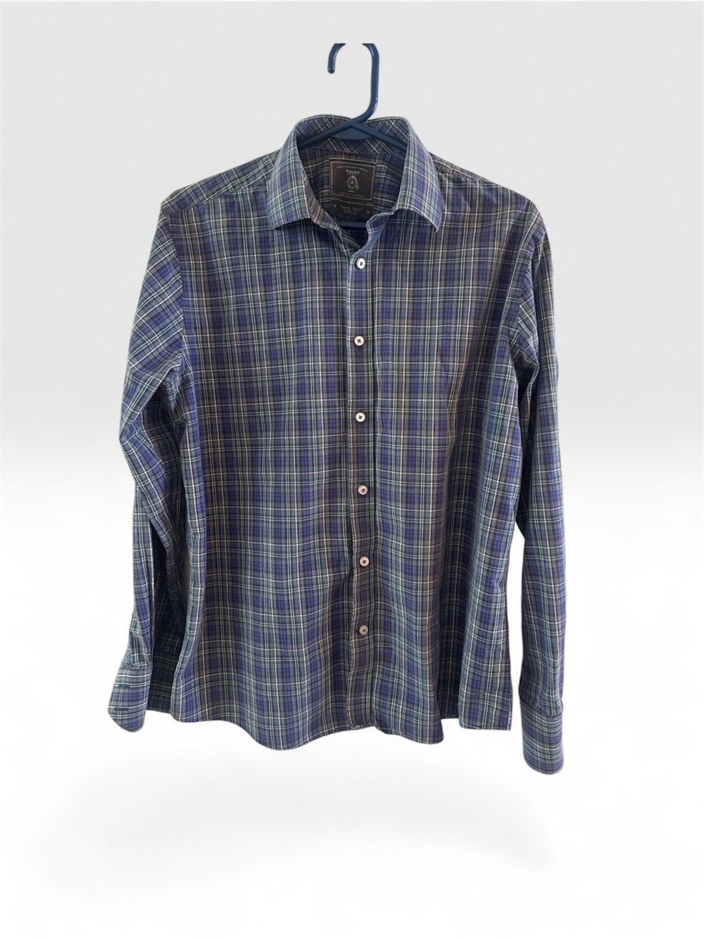 Men's Plaid Button-Down Shirt in Blue and Green